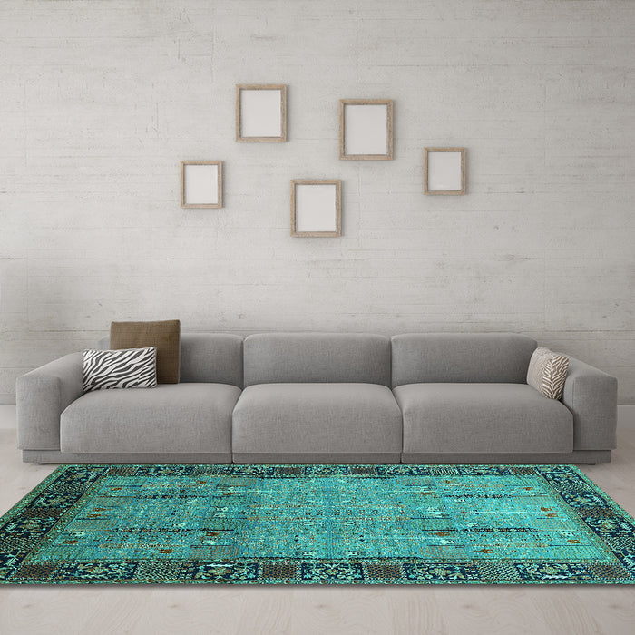 Machine Washable Oriental Turquoise Traditional Area Rugs in a Living Room,, wshurb1379turq