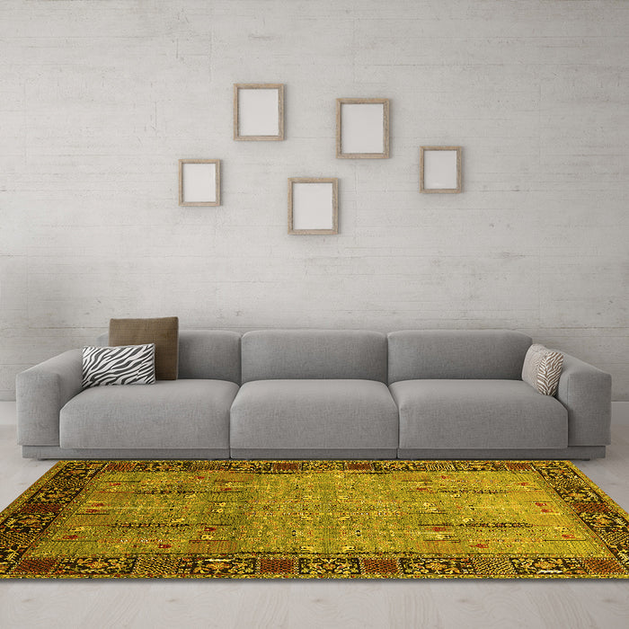 Machine Washable Oriental Yellow Traditional Rug in a Living Room, wshurb1379yw