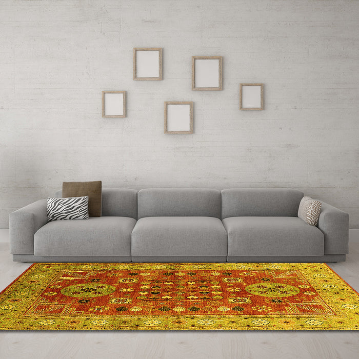 Machine Washable Oriental Yellow Industrial Rug in a Living Room, wshurb1380yw