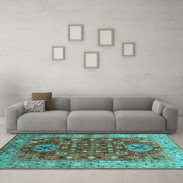 Machine Washable Oriental Turquoise Industrial Area Rugs in a Living Room,, wshurb1380turq