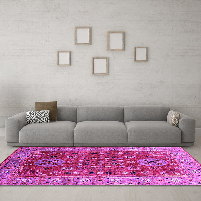 Machine Washable Oriental Pink Industrial Rug in a Living Room, wshurb1380pnk