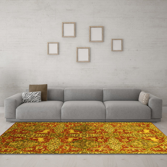 Machine Washable Oriental Yellow Industrial Rug in a Living Room, wshurb1381yw