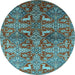 Round Machine Washable Oriental Light Blue Industrial Rug, wshurb1381lblu