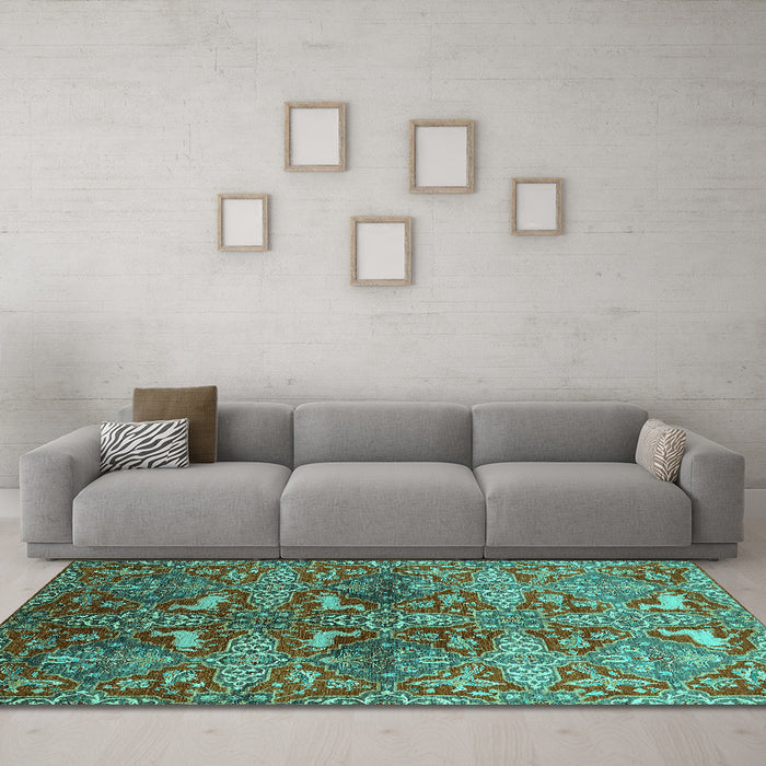 Machine Washable Oriental Turquoise Industrial Area Rugs in a Living Room,, wshurb1381turq