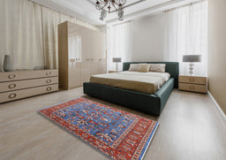 Mid-Century Modern Blue Gray Oriental Rug in a Bedroom, urb1383