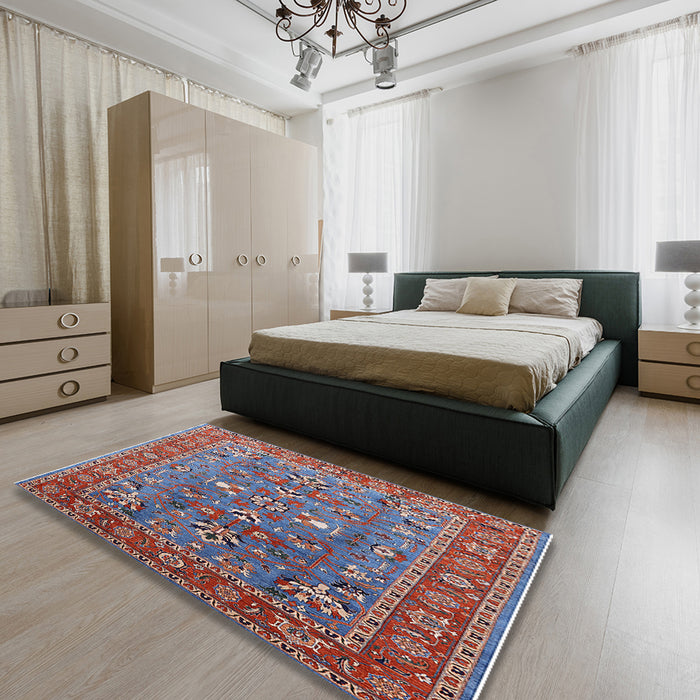 Mid-Century Modern Blue Gray Oriental Rug in a Bedroom, urb1383