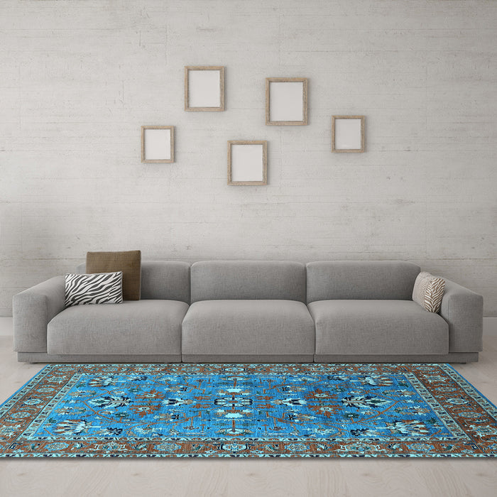 Machine Washable Oriental Light Blue Industrial Rug in a Living Room, wshurb1383lblu