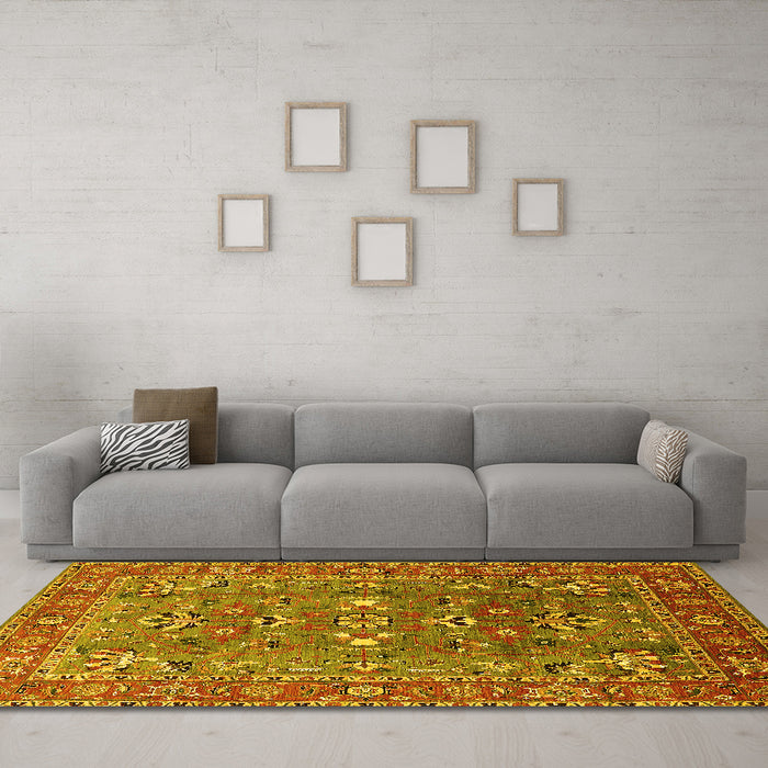 Machine Washable Oriental Yellow Industrial Rug in a Living Room, wshurb1383yw