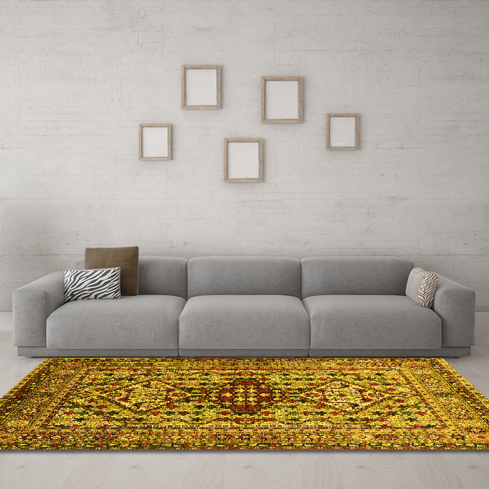 Machine Washable Oriental Yellow Industrial Rug in a Living Room, wshurb1384yw