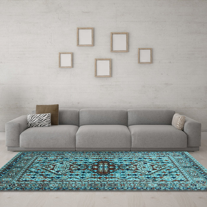 Machine Washable Oriental Light Blue Industrial Rug in a Living Room, wshurb1384lblu