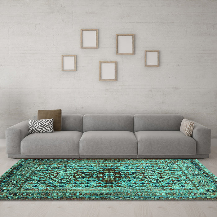 Machine Washable Oriental Turquoise Industrial Area Rugs in a Living Room,, wshurb1384turq