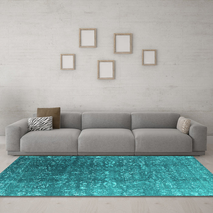 Machine Washable Oriental Turquoise Industrial Area Rugs in a Living Room,, wshurb1385turq