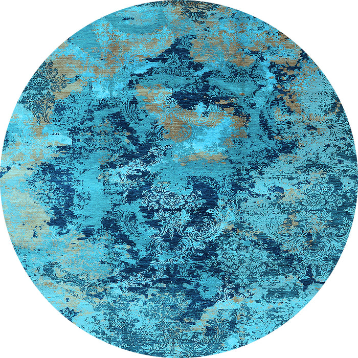 Round Machine Washable Oriental Light Blue Industrial Rug, wshurb1386lblu