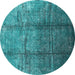 Round Machine Washable Oriental Turquoise Industrial Area Rugs, wshurb1387turq