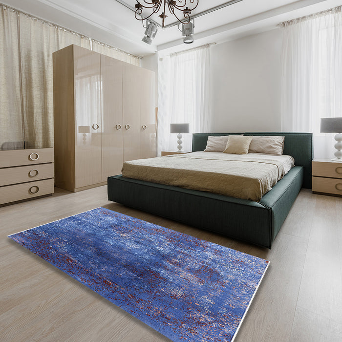 Mid-Century Modern Blue Persian Rug in a Bedroom, urb1389
