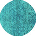 Round Machine Washable Oriental Turquoise Industrial Area Rugs, wshurb1392turq