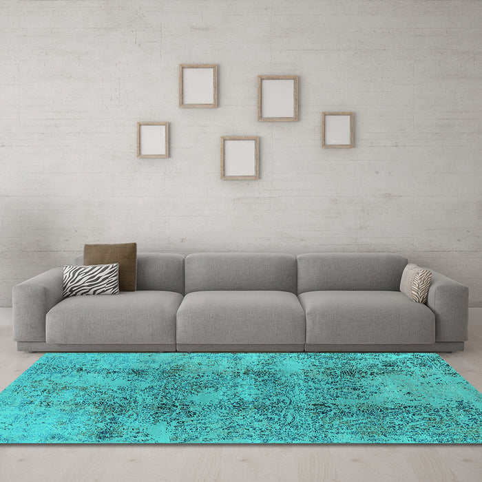 Machine Washable Oriental Turquoise Industrial Area Rugs in a Living Room,, wshurb1393turq