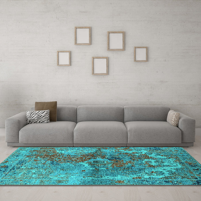 Machine Washable Oriental Turquoise Industrial Area Rugs in a Living Room,, wshurb1394turq
