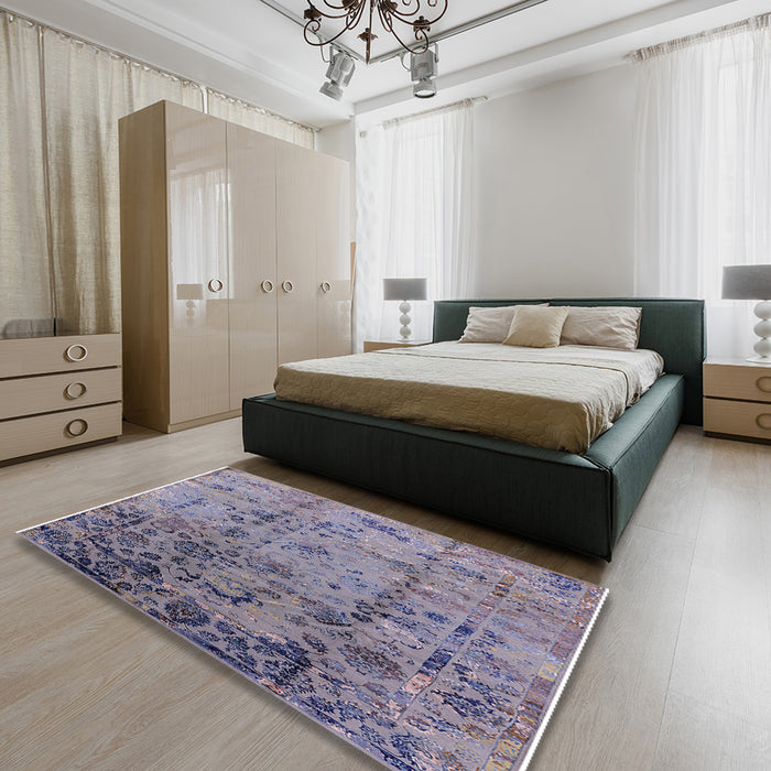 Mid-Century Modern Dark Gray Oriental Rug in a Bedroom, urb1395
