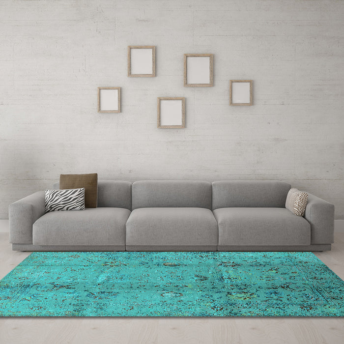 Machine Washable Oriental Turquoise Industrial Area Rugs in a Living Room,, wshurb1396turq
