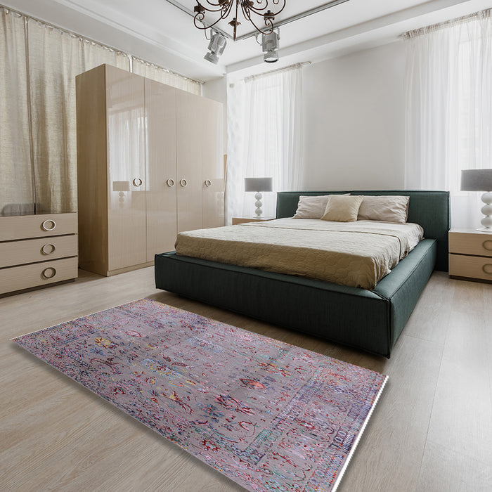 Mid-Century Modern Mauve Taupe Purple Oriental Rug in a Bedroom, urb1396