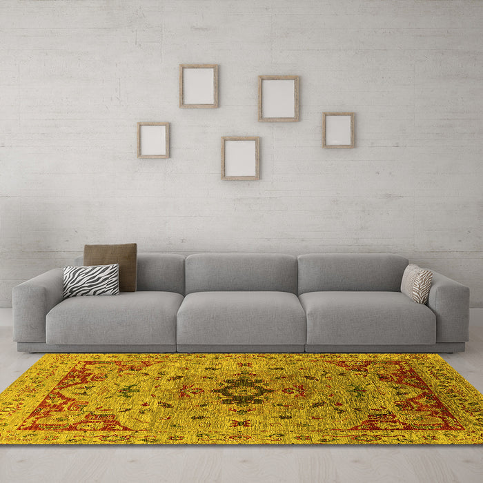 Machine Washable Oriental Yellow Industrial Rug in a Living Room, wshurb1397yw