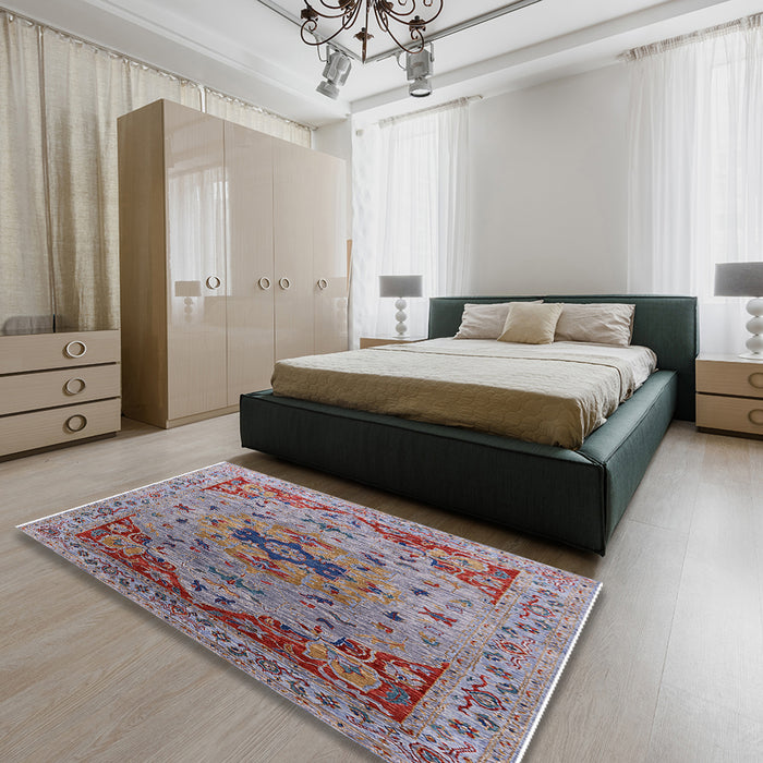 Mid-Century Modern Rosy Purple Oriental Rug in a Bedroom, urb1397