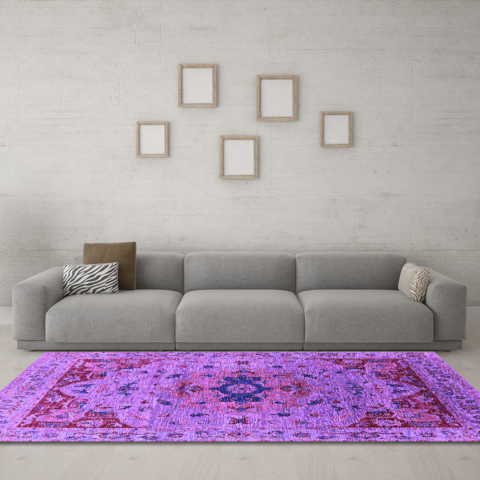 Machine Washable Oriental Purple Industrial Area Rugs in a Living Room, wshurb1397pur
