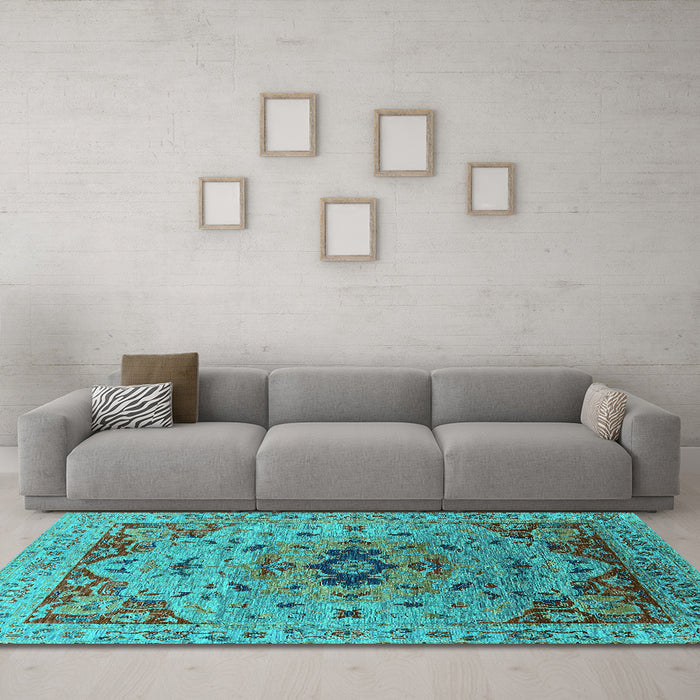 Machine Washable Oriental Turquoise Industrial Area Rugs in a Living Room,, wshurb1397turq