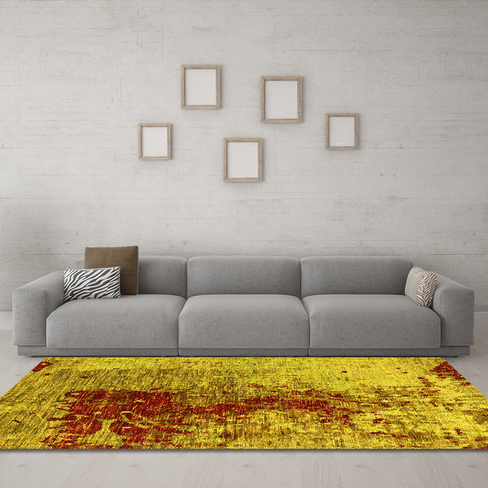 Machine Washable Oriental Yellow Industrial Rug in a Living Room, wshurb1398yw