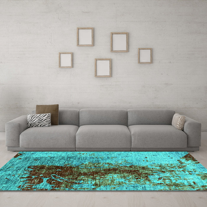 Machine Washable Oriental Turquoise Industrial Area Rugs in a Living Room,, wshurb1398turq