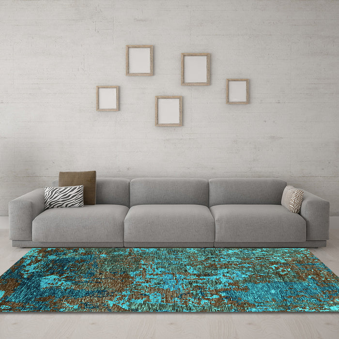 Machine Washable Oriental Turquoise Industrial Area Rugs in a Living Room,, wshurb1399turq
