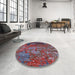 Round Mid-Century Modern Fire Brick Red Oriental Rug in a Office, urb1399