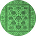 Round Machine Washable Oriental Emerald Green Traditional Area Rugs, wshurb1402emgrn