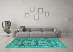 Machine Washable Oriental Turquoise Traditional Area Rugs in a Living Room,, wshurb1402turq