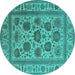 Round Machine Washable Oriental Turquoise Traditional Area Rugs, wshurb1402turq