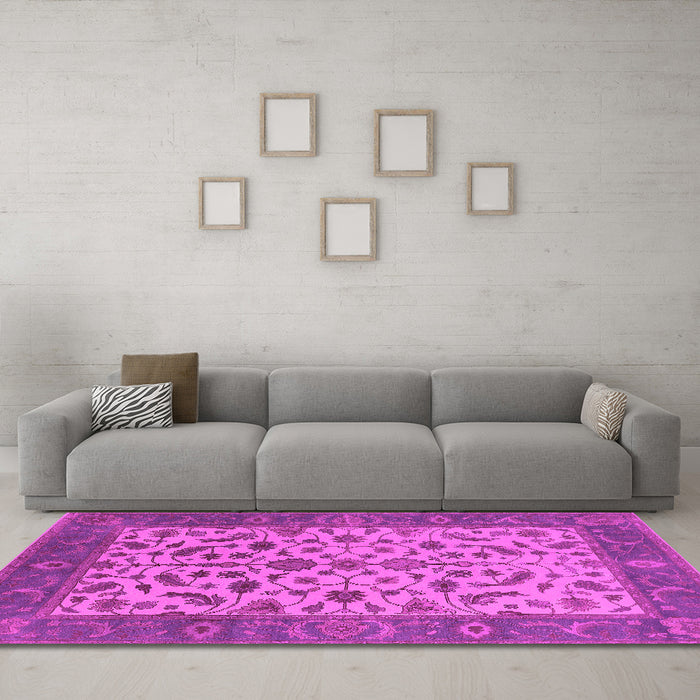 Machine Washable Oriental Pink Traditional Rug in a Living Room, wshurb1403pnk