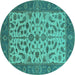 Round Machine Washable Oriental Turquoise Traditional Area Rugs, wshurb1403turq