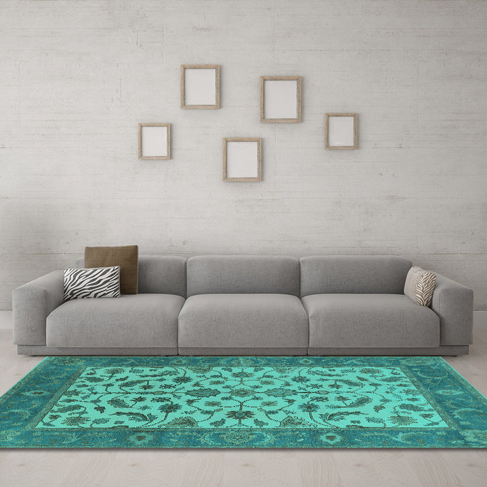 Machine Washable Oriental Turquoise Traditional Area Rugs in a Living Room,, wshurb1403turq