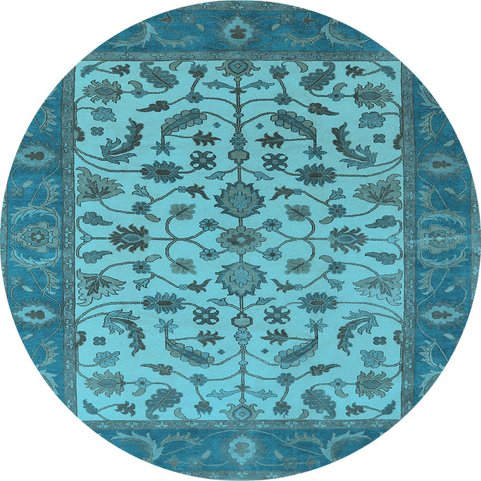 Round Machine Washable Oriental Light Blue Traditional Rug, wshurb1403lblu