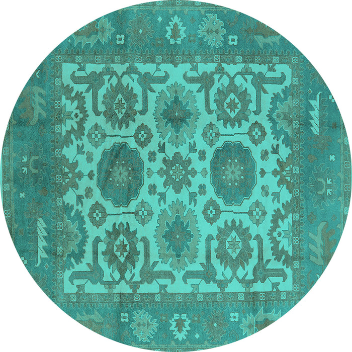 Round Machine Washable Oriental Turquoise Traditional Area Rugs, wshurb1407turq