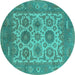 Round Machine Washable Oriental Turquoise Traditional Area Rugs, wshurb1407turq