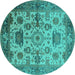 Round Machine Washable Oriental Turquoise Traditional Area Rugs, wshurb1408turq