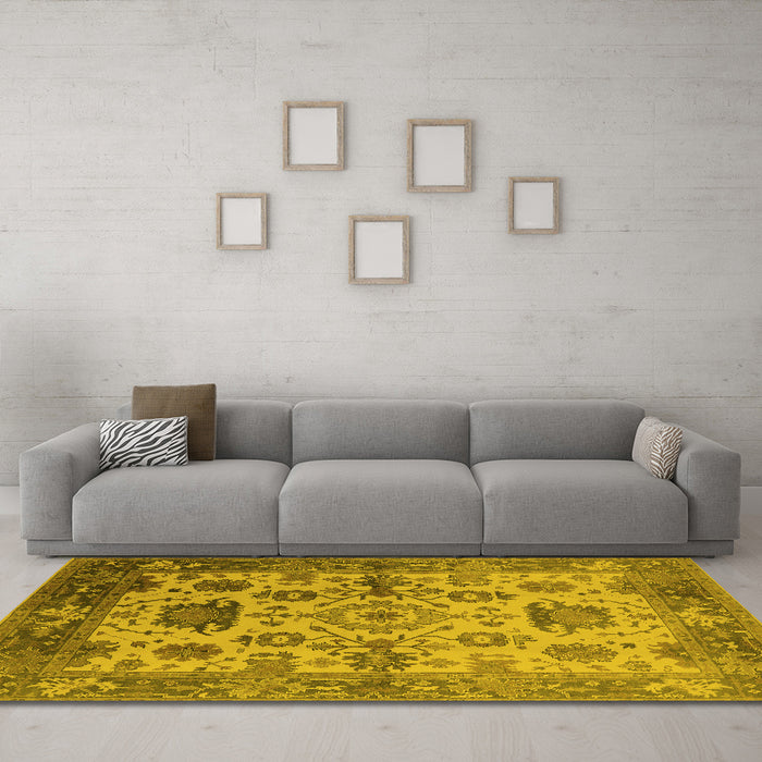 Machine Washable Oriental Yellow Traditional Rug in a Living Room, wshurb1408yw