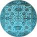 Round Machine Washable Oriental Light Blue Traditional Rug, wshurb1408lblu