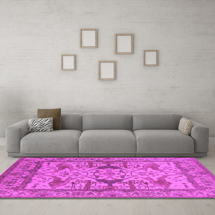 Machine Washable Oriental Pink Traditional Rug in a Living Room, wshurb1409pnk