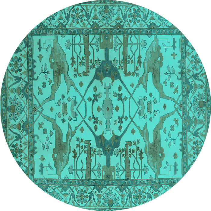 Round Machine Washable Oriental Turquoise Traditional Area Rugs, wshurb1409turq