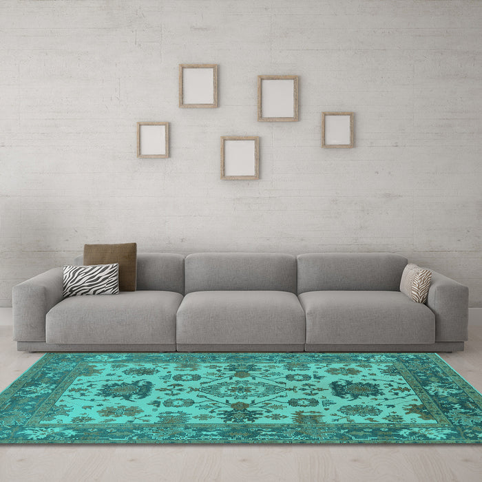 Machine Washable Oriental Turquoise Industrial Area Rugs in a Living Room,, wshurb1410turq