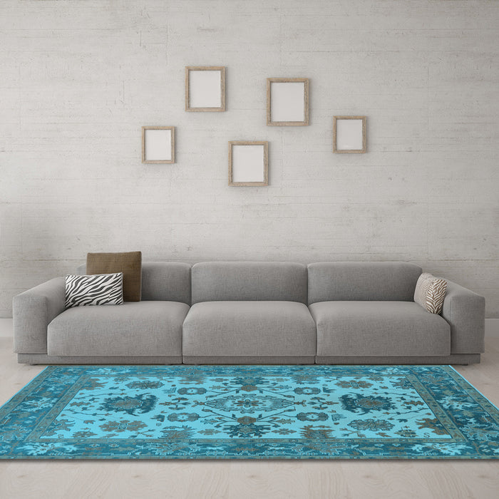 Machine Washable Oriental Light Blue Industrial Rug in a Living Room, wshurb1410lblu