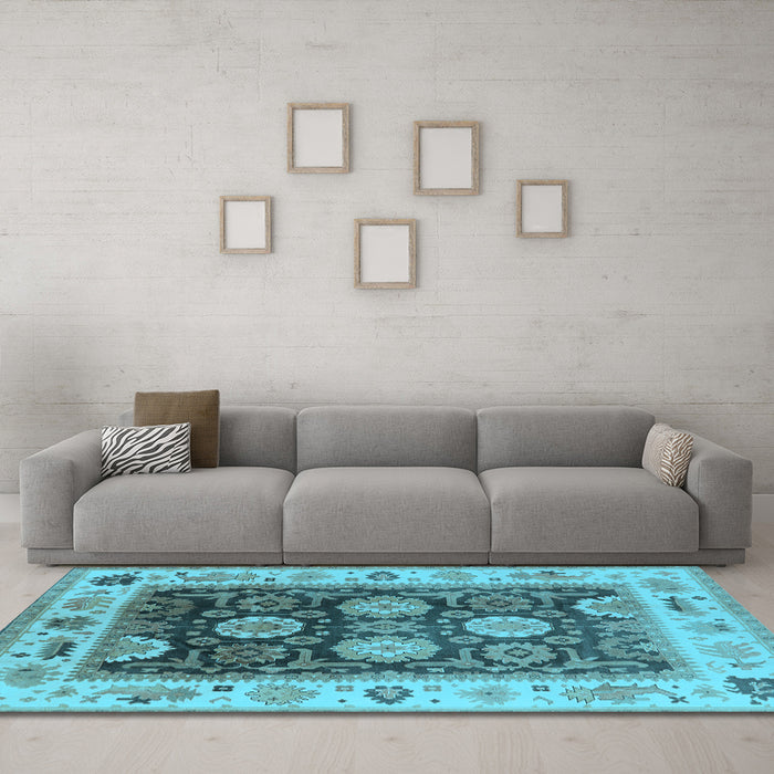 Machine Washable Oriental Light Blue Traditional Rug in a Living Room, wshurb1411lblu